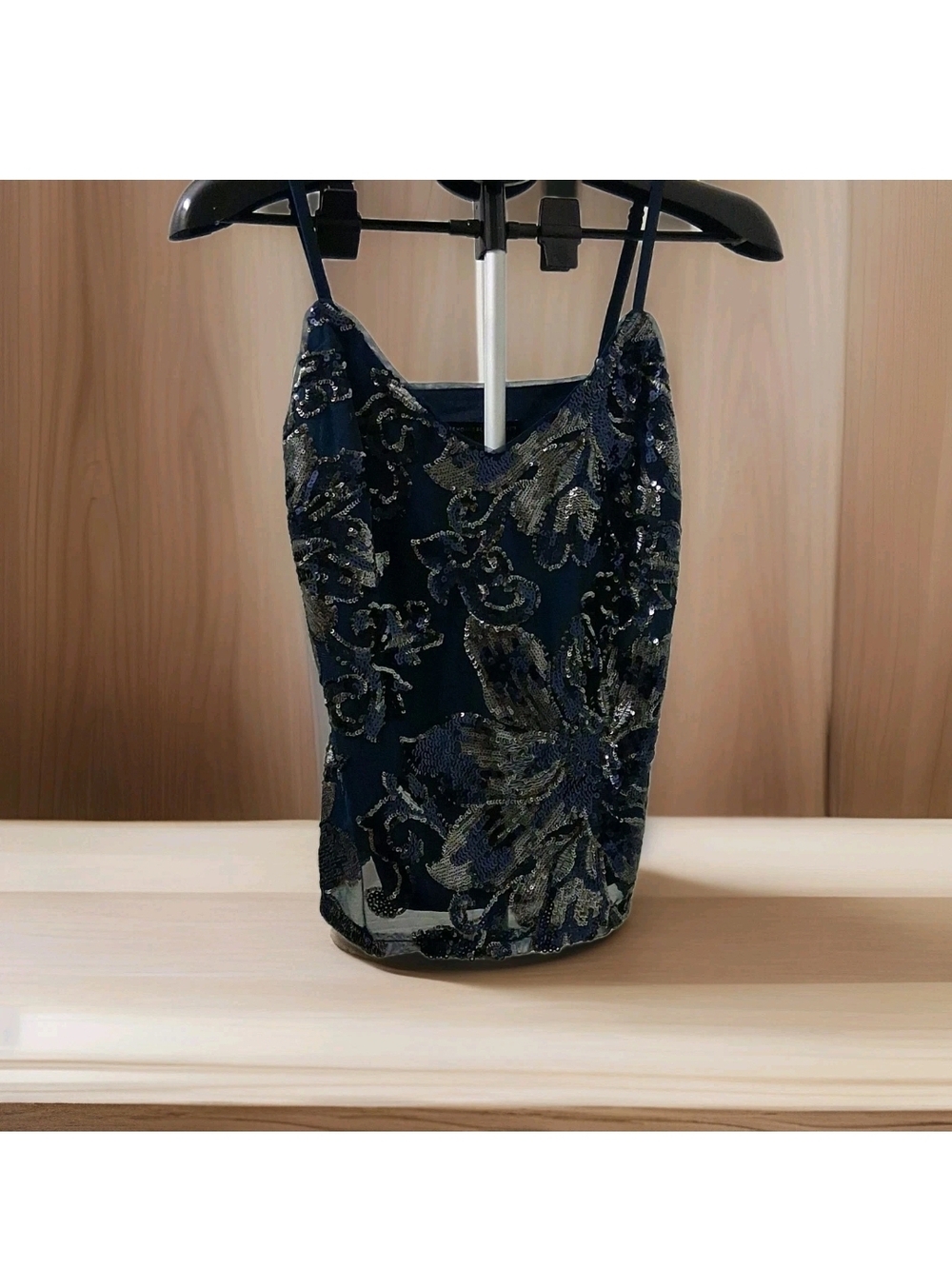 White House Black Market Navy and Silver Sequin Floral Cami